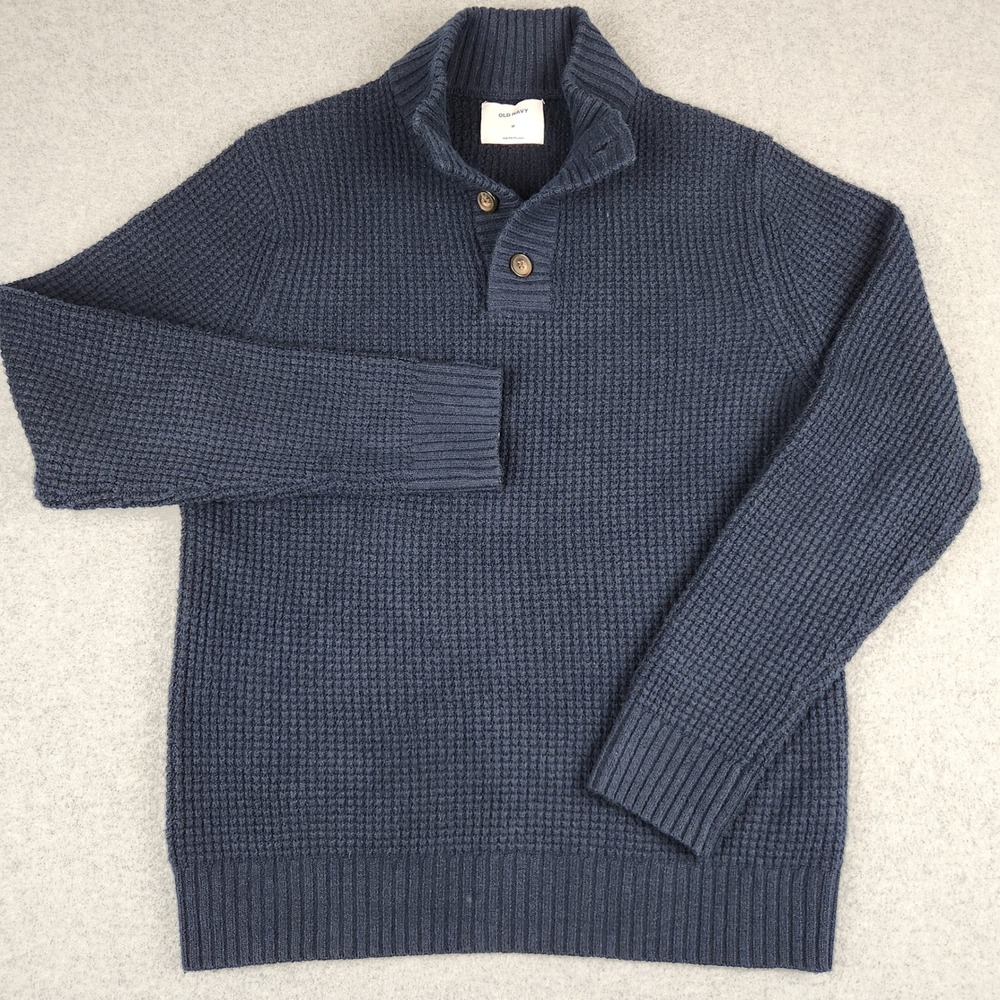 Old Navy Sweater Mens Medium Navy Blue Waffle Knit Mock Neck Button Pullover